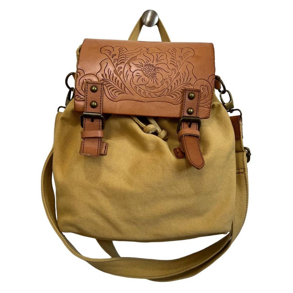 Lucky Brand Almeda Canvas Leather Trim Convertible Bag Backpack Yellow Boho